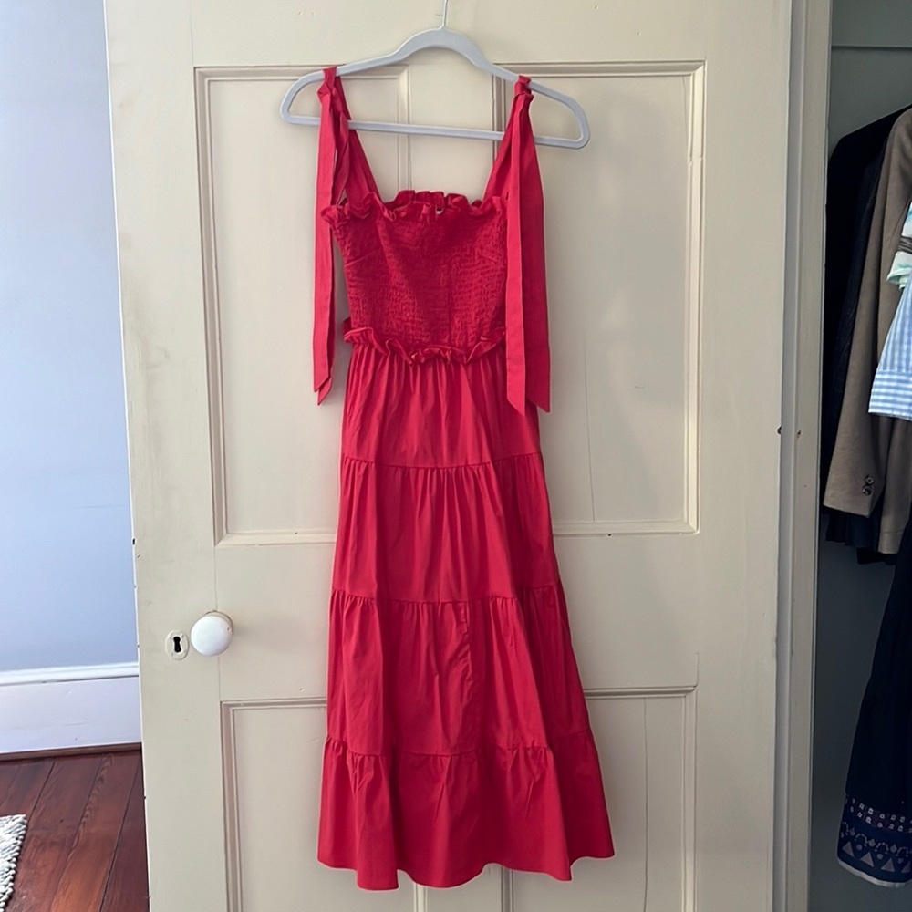 Red, shoulder tie cotton midi dress